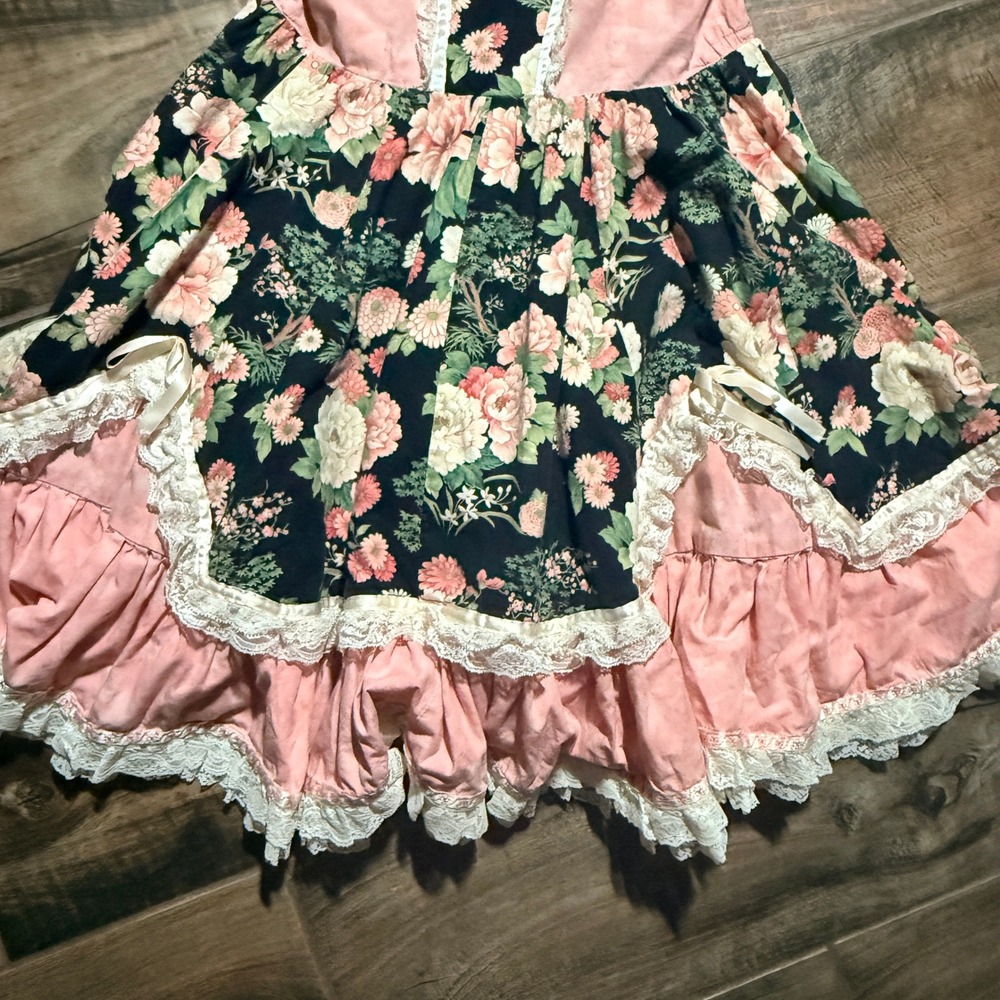 Judy Hoppes VTG Womens Cottagecore Floral Lace Ruffle Lolita Square Dress,Pink,M - Picture 4 of 11